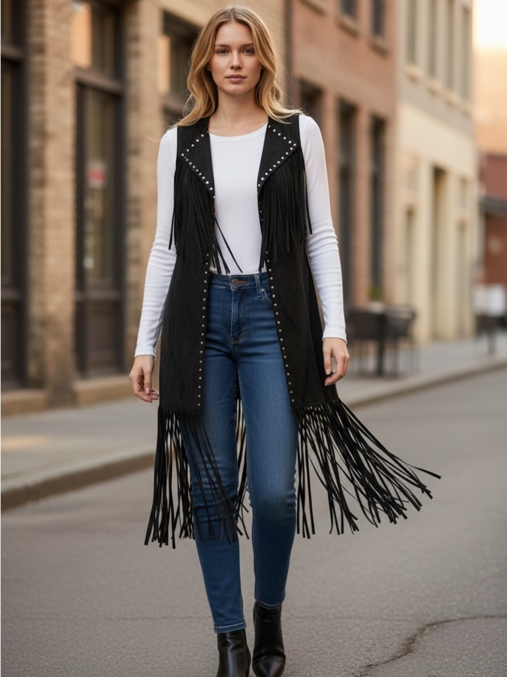 SHEIN Black Fringe Studded Sleeveless Duster Vest